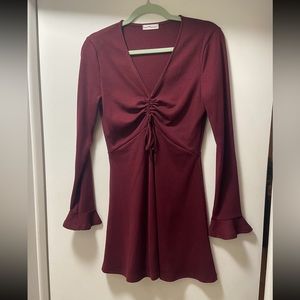 Dainty Hooligan Ruched Long Sleeve Knit Sweater Skater Dress Wine Burgundy
